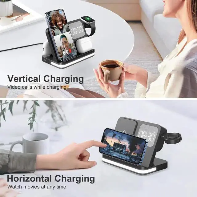 Alt view image 4 of 6 - 7 in 1 Wireless Charging Station Compatible with Multiple Devices iPhone AirPods and Watch - Phone Wireless Charger Fast Charging with Night Lamp and Clock(Black)