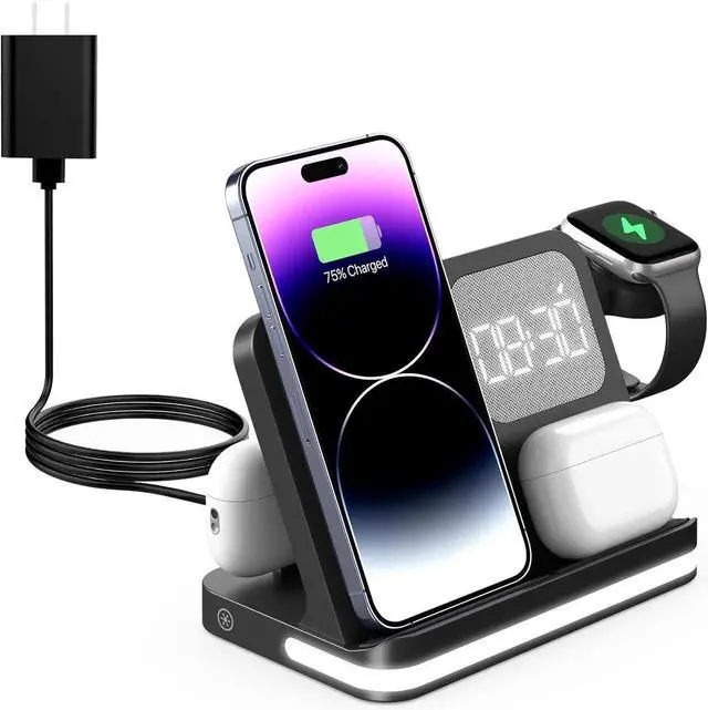 Main image of 7 in 1 Wireless Charging Station Compatible with Multiple Devices iPhone AirPods and Watch - Phone Wireless Charger Fast Charging with Night Lamp and Clock(Black)