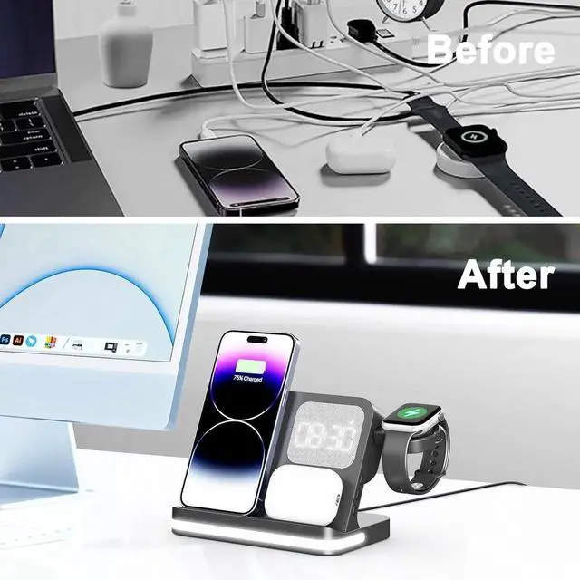 Alt view image 5 of 6 - 7 in 1 Wireless Charging Station Compatible with Multiple Devices iPhone AirPods and Watch - Phone Wireless Charger Fast Charging with Night Lamp and Clock(Black)