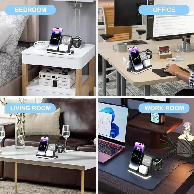 Alt view image 2 of 6 - 7 in 1 Wireless Charging Station Compatible with Multiple Devices iPhone AirPods and Watch - Phone Wireless Charger Fast Charging with Night Lamp and Clock(Black)
