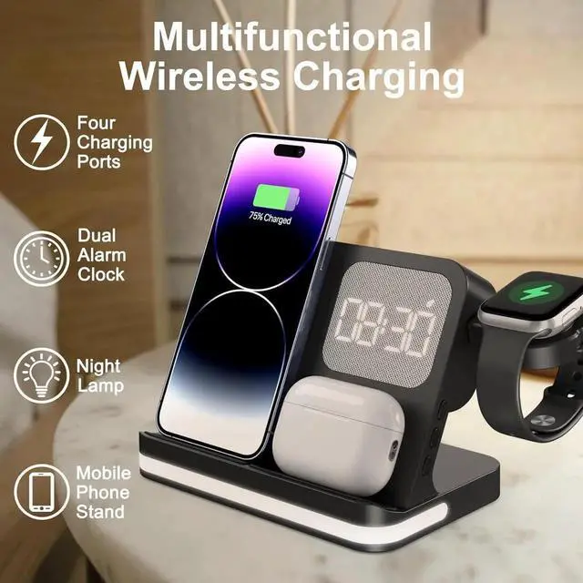 Alt view image 6 of 6 - 7 in 1 Wireless Charging Station Compatible with Multiple Devices iPhone AirPods and Watch - Phone Wireless Charger Fast Charging with Night Lamp and Clock(Black)