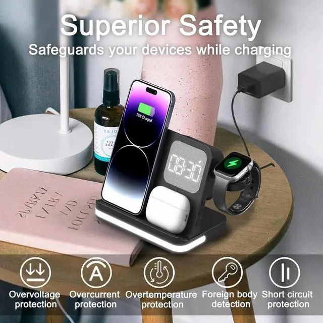 Alt view image 3 of 6 - 7 in 1 Wireless Charging Station Compatible with Multiple Devices iPhone AirPods and Watch - Phone Wireless Charger Fast Charging with Night Lamp and Clock(Black)