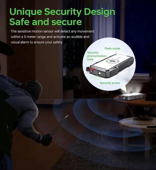 Alt view image 6 of 7 - JAENFONG ABFOCE Solar Power Bank 10000mAh with 22.5W Fast Charging Sensor Alarm 15W Wireless Charger LED Flashlight Battery Pack Solar Panel Charger for iPhone 16 15 14 iPad Outdoor Camping Hiking