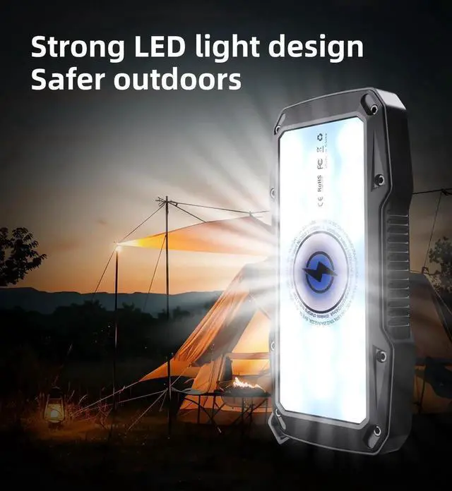 Alt view image 3 of 7 - JAENFONG ABFOCE Solar Power Bank 10000mAh with 22.5W Fast Charging Sensor Alarm 15W Wireless Charger LED Flashlight Battery Pack Solar Panel Charger for iPhone 16 15 14 iPad Outdoor Camping Hiking