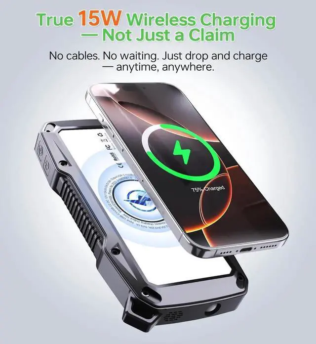 Alt view image 7 of 7 - JAENFONG ABFOCE Solar Power Bank 10000mAh with 22.5W Fast Charging Sensor Alarm 15W Wireless Charger LED Flashlight Battery Pack Solar Panel Charger for iPhone 16 15 14 iPad Outdoor Camping Hiking