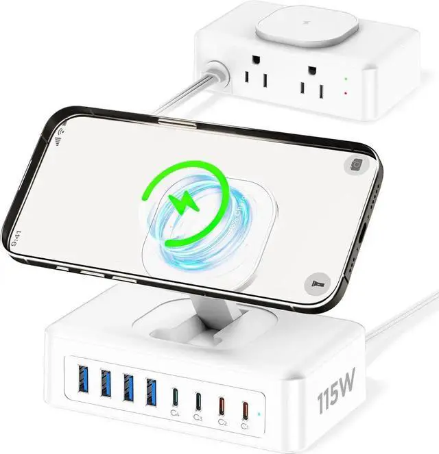 Main image of 11-in-1 USB Charging Station ACOZVIN 115W USB C Charger Block with 2AC Outlets& Wireless Charger 8USB-Ports Power Strip 5ft Flat Plug PD65W Laptop Charger Compatible with MacBook iPhone 16/15/14
