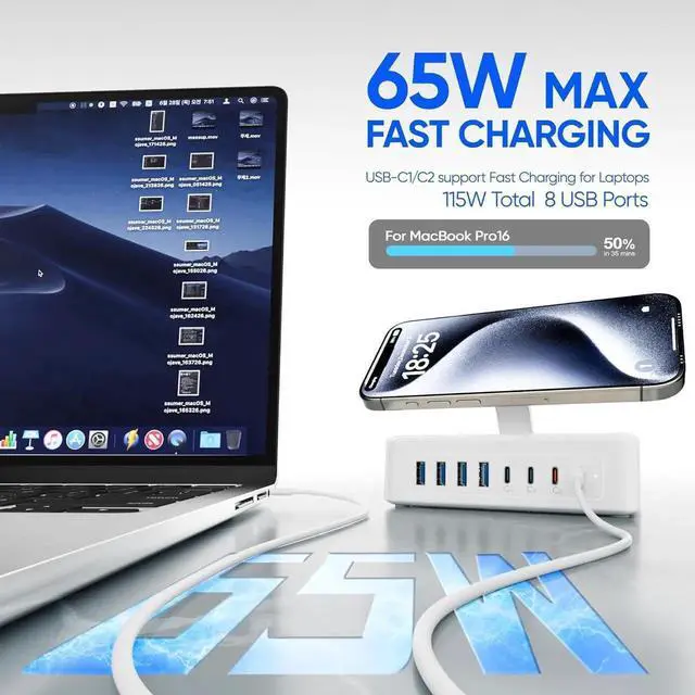 Alt view image 2 of 6 - 11-in-1 USB Charging Station ACOZVIN 115W USB C Charger Block with 2AC Outlets& Wireless Charger 8USB-Ports Power Strip 5ft Flat Plug PD65W Laptop Charger Compatible with MacBook iPhone 16/15/14