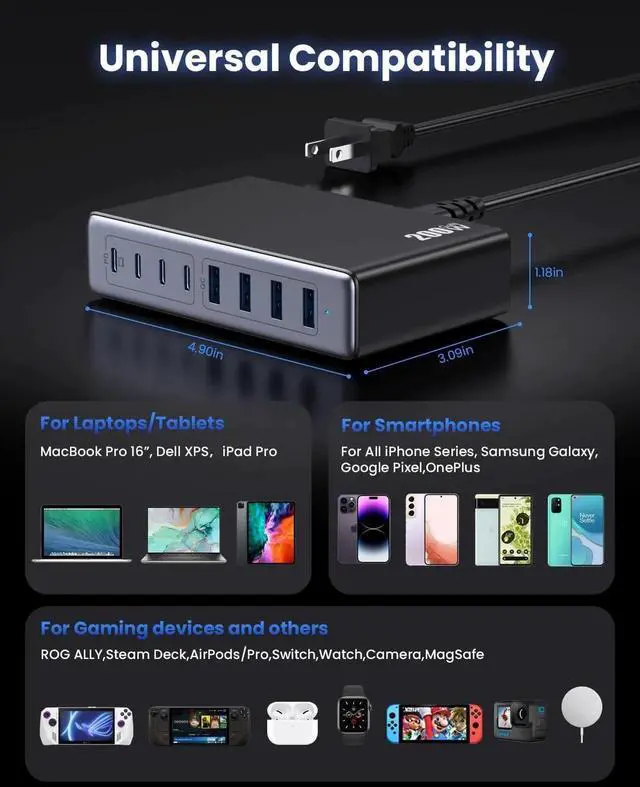 Alt view image 4 of 7 - 200W USB C Charger Block GaN IV Charging Station 8 Ports QC4.0 Fast Charging Station Hub+PD 65W USB C Laptop Charger Adapter Compatible with MacBook Air/Pro iPhone 16/15 iPad Steam Deck-Black