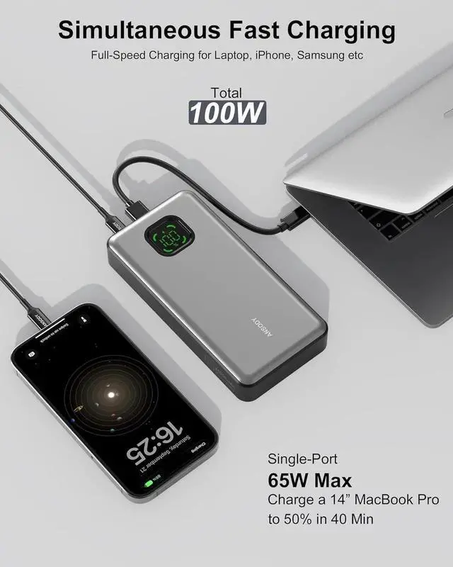 Alt view image 3 of 7 - JAENFONG 65W Power Bank 25000mAh Travel Essential USB C Laptop Portable Charger 100W Total Fast Charging Battery Pack for MacBook XPS iPad Tablet Steam Deck iPhone 16/15 Series Switch and More