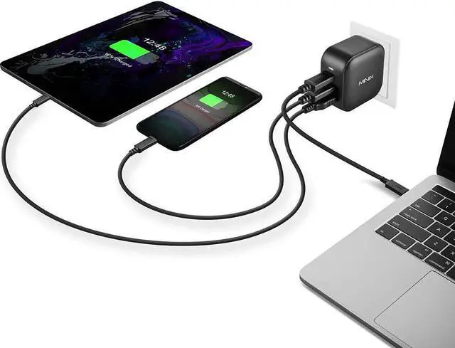 Alt view image 3 of 7 - 66W Turbo 3-Port GaN Wall Charger 2 x USB-C Fast Charging Adapter 1 x USB-A Quick Charge 3.0 Compatible with MacBook Pro Air iPad Pro iPhone 15/13/12 mini/11 Galaxy S9 S8 and More (NEO P1)