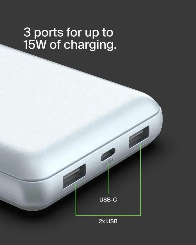 Alt view image 5 of 7 - Portable Charger USB-C Power Bank 20 000mAh w/ 2 USB-A Ports 15W w/Type-A to Type-C Cable for iPhone 16 15 Plus Galaxy S25 Pixel iPad Nintendo Switch 2 & More - Pearl Blue