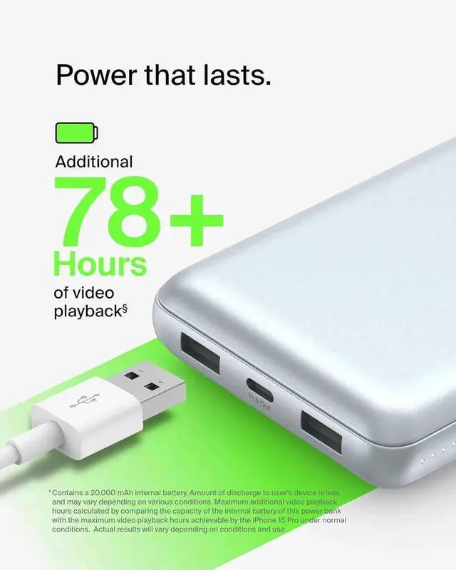 Alt view image 3 of 7 - Portable Charger USB-C Power Bank 20 000mAh w/ 2 USB-A Ports 15W w/Type-A to Type-C Cable for iPhone 16 15 Plus Galaxy S25 Pixel iPad Nintendo Switch 2 & More - Pearl Blue
