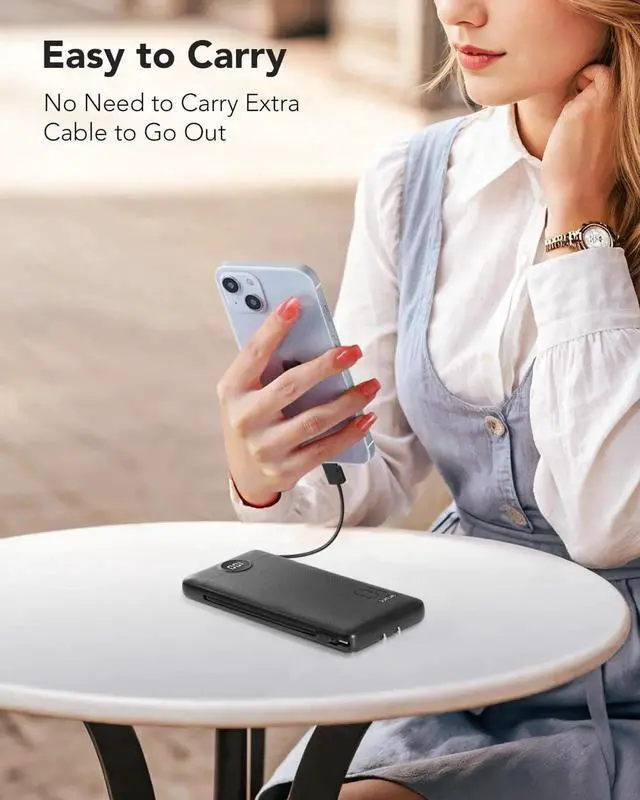 Alt view image 7 of 7 - Portable Charger Built-in Cables and AC Wall Plug USB C Power Bank 10000mAh Travel Essentials Phone Charger Compact Lightweight External Battery Pack for Smart Phones Tablets-Pure Black