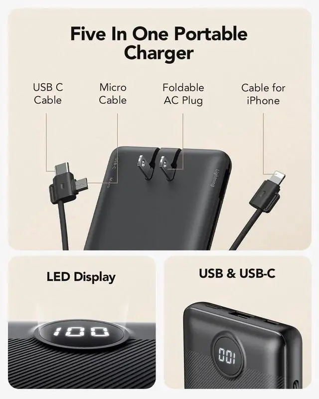 Alt view image 3 of 7 - Portable Charger Built-in Cables and AC Wall Plug USB C Power Bank 10000mAh Travel Essentials Phone Charger Compact Lightweight External Battery Pack for Smart Phones Tablets-Pure Black