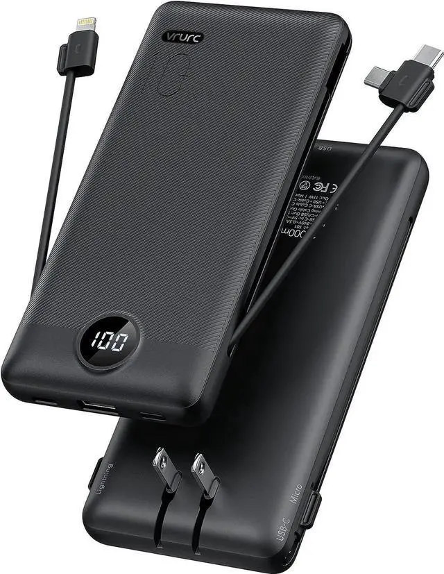 Main image of Portable Charger Built-in Cables and AC Wall Plug USB C Power Bank 10000mAh Travel Essentials Phone Charger Compact Lightweight External Battery Pack for Smart Phones Tablets-Pure Black