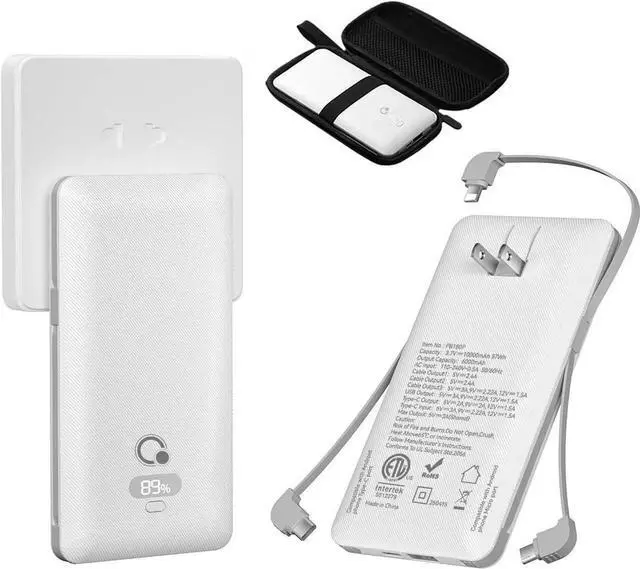 Main image of JAENFONG 10000mAh Portable Charger with Built-in Cables and AC Wall Plug USB C Fast Charging Power Bank with 3 Cords 5 Output External Battery Pack Compatible with iPhone Tablet and All Smart Phones