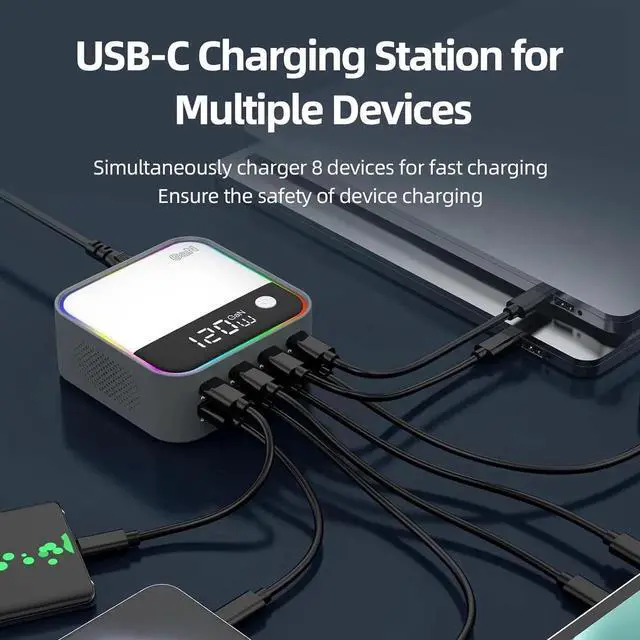 Alt view image 3 of 6 - 120W GaN USB C Charger Block Fast Charging MultiPort USB Charging Station with Rainbow Gradient Light & LED Display for iPhone Galaxy iPad Tablet Laptop Drones Headphones