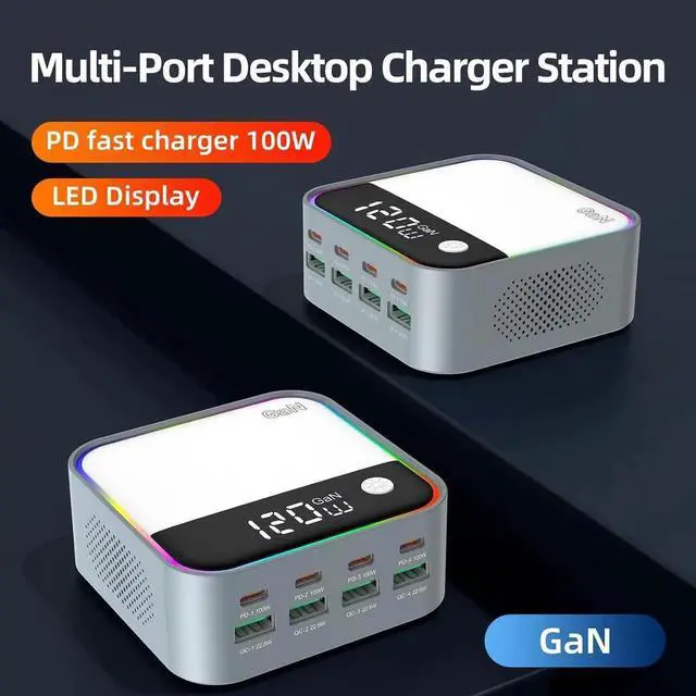 Alt view image 6 of 6 - 120W GaN USB C Charger Block Fast Charging MultiPort USB Charging Station with Rainbow Gradient Light & LED Display for iPhone Galaxy iPad Tablet Laptop Drones Headphones