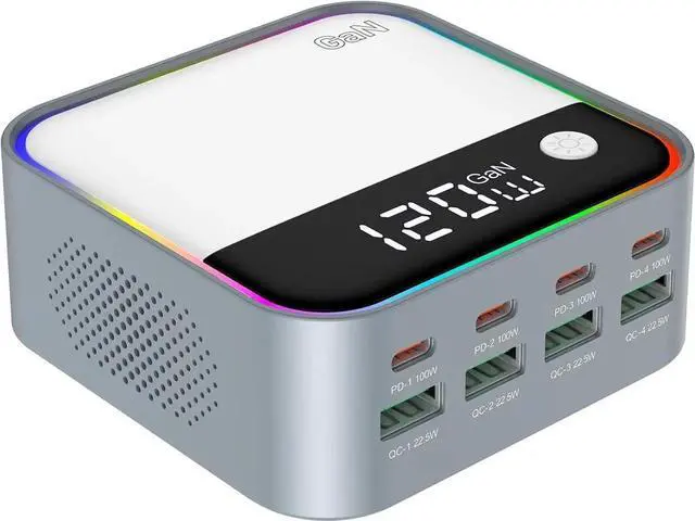 Main image of 120W GaN USB C Charger Block Fast Charging MultiPort USB Charging Station with Rainbow Gradient Light & LED Display for iPhone Galaxy iPad Tablet Laptop Drones Headphones