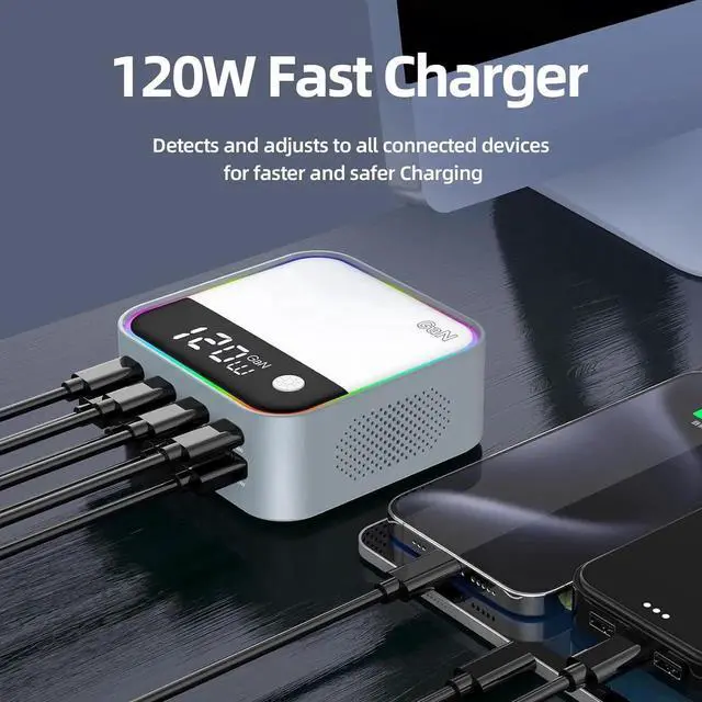 Alt view image 5 of 6 - 120W GaN USB C Charger Block Fast Charging MultiPort USB Charging Station with Rainbow Gradient Light & LED Display for iPhone Galaxy iPad Tablet Laptop Drones Headphones