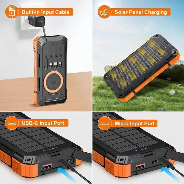 Alt view image 5 of 7 - JAENFONG Solar Charger Power Bank 49800mAh 22.5W Portable Charger 15W Wireless Charging Solar Panel Charger Built-in Four Cable with USB C for Cell Phones with Dual Flashlight for Camping