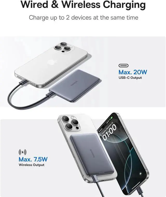 Alt view image 7 of 7 - Picogo Power Bank 0.3 Ultra Slim 5000mAh MagSafe Portable Charger with USB-C Braided Cable Card-Size Magnetic Battery Pack Alloy Wireless Fast Charger for iPhone 16/15/14/13/12 Lightweight