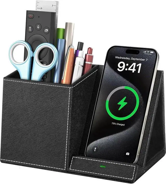 Main image of Wireless Charger with Pen Pencil Holder Leather Mltifunctional Desk Nightstand Organizer Fast Charging Station Remote Control Holder Office Supplies Desk Accessories Gifts for Men(Black)