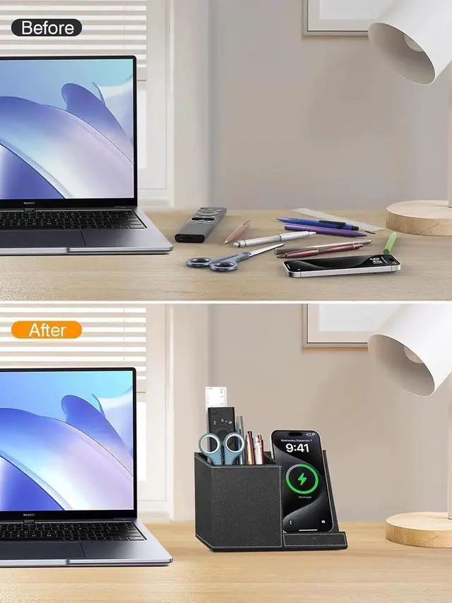 Alt view image 6 of 7 - Wireless Charger with Pen Pencil Holder Leather Mltifunctional Desk Nightstand Organizer Fast Charging Station Remote Control Holder Office Supplies Desk Accessories Gifts for Men(Black)