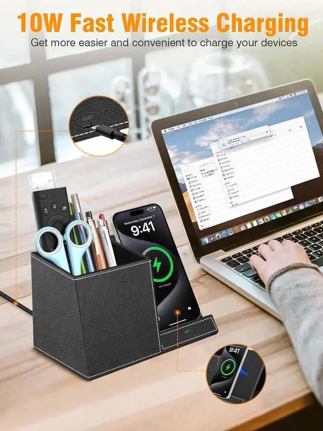 Alt view image 7 of 7 - Wireless Charger with Pen Pencil Holder Leather Mltifunctional Desk Nightstand Organizer Fast Charging Station Remote Control Holder Office Supplies Desk Accessories Gifts for Men(Black)