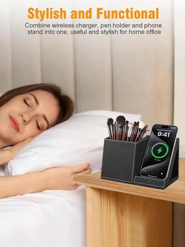 Alt view image 2 of 7 - Wireless Charger with Pen Pencil Holder Leather Mltifunctional Desk Nightstand Organizer Fast Charging Station Remote Control Holder Office Supplies Desk Accessories Gifts for Men(Black)