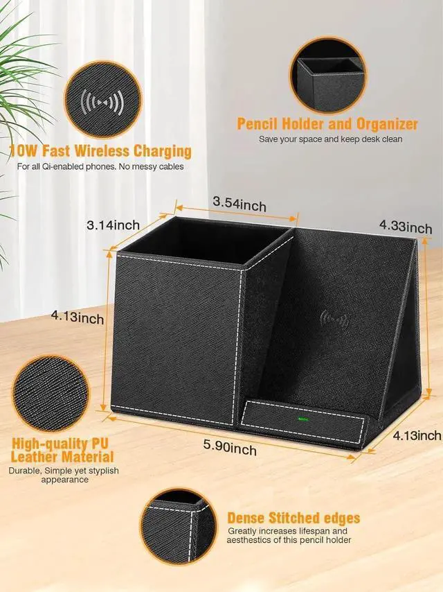 Alt view image 3 of 7 - Wireless Charger with Pen Pencil Holder Leather Mltifunctional Desk Nightstand Organizer Fast Charging Station Remote Control Holder Office Supplies Desk Accessories Gifts for Men(Black)