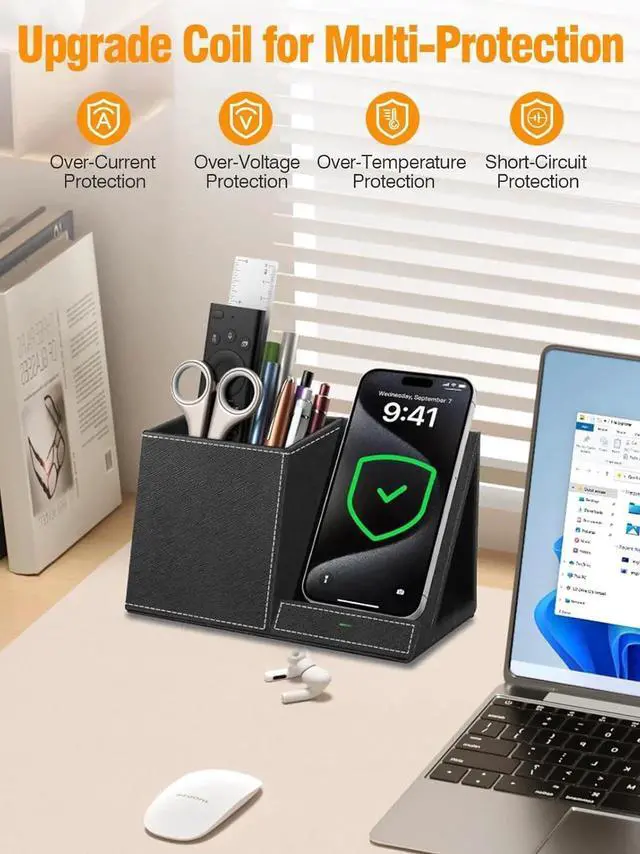 Alt view image 4 of 7 - Wireless Charger with Pen Pencil Holder Leather Mltifunctional Desk Nightstand Organizer Fast Charging Station Remote Control Holder Office Supplies Desk Accessories Gifts for Men(Black)