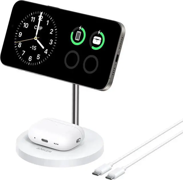 Main image of MagSafe Compatible MagGo Charger Stand iPhone 16 Wireless Charger 2-in-1 Charging Station Qi2 Certified 15W Fast Charging for iPhone 16/15/14/13/12 (White No Adapter)