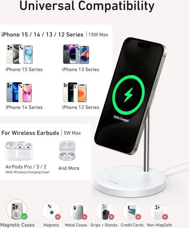 Alt view image 3 of 6 - MagSafe Compatible MagGo Charger Stand iPhone 16 Wireless Charger 2-in-1 Charging Station Qi2 Certified 15W Fast Charging for iPhone 16/15/14/13/12 (White No Adapter)