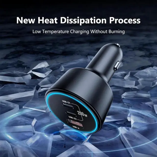 Alt view image 6 of 7 - 200W Super Fast Car Charger for iPhone 16/15 Pro Max 3-Port USB C Car Charger Adapter with 2×100W USB C to C Cables PD3.0/QC4.0 12V-24V Vehicle Compatible LED Light & Overheat Protection