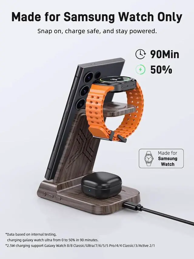 Alt view image 6 of 6 - Wireless Charger for Charging Station 3 in 1 Android Phone Charger for Galaxy S25 Ultra/S24 Ultra/S23/Z Fold7/Flip7 Galaxy Watch 8/8 Classic/Ultra/7/6/5 Galaxy Buds 3 Pro/3