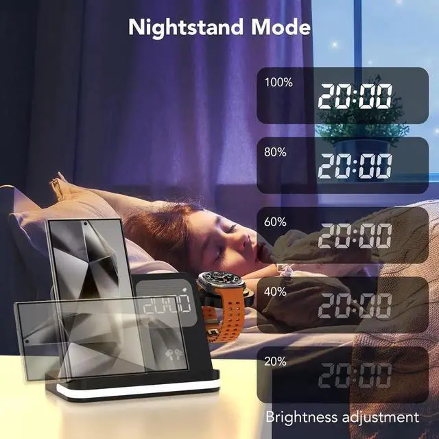 Alt view image 6 of 6 - 4 in 1 Wireless Charger with Alarm Clock Compatible for Galaxy Watch 8/7/Ultra/FE/6 Pro Galaxy S25/Ultra/S25+/S24/S23/Note 20/Z Flip 7/6/5 Fold 6 Galaxy Buds 3/2/Pro Multiple Devices Charging Station