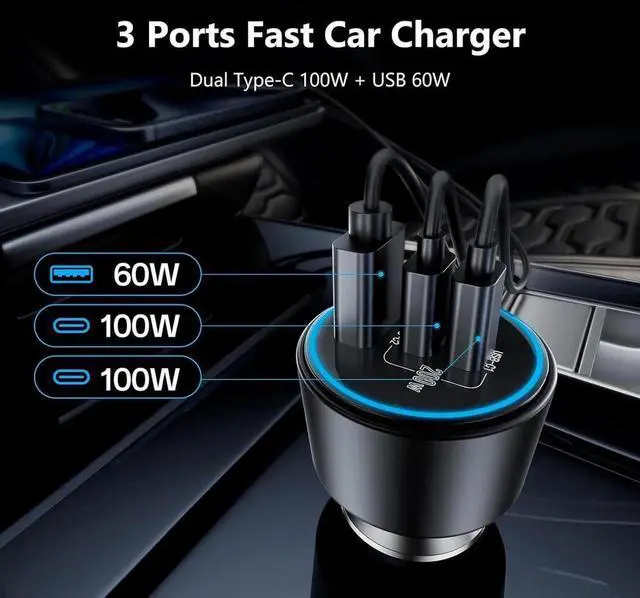 Alt view image 4 of 7 - 200W Super Fast Car Charger for iPhone 16/15 Pro Max 3-Port USB C Car Charger Adapter with 2×100W USB C to C Cables PD3.0/QC4.0 12V-24V Vehicle Compatible LED Light & Overheat Protection