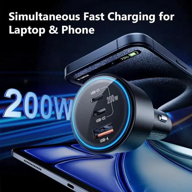 Alt view image 2 of 7 - 200W Super Fast Car Charger for iPhone 16/15 Pro Max 3-Port USB C Car Charger Adapter with 2×100W USB C to C Cables PD3.0/QC4.0 12V-24V Vehicle Compatible LED Light & Overheat Protection