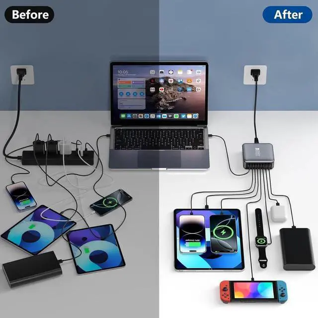 Alt view image 3 of 7 - 350W USB Fast Charging Station 8 Port USB C Multi Port Charger Block with PD 100W Fast Charging Station for Multiple Devices USB Charger Block Compatible iPhone Android Cell Phone Tablet iPad