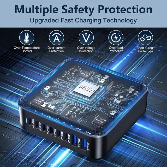 Alt view image 7 of 7 - 350W USB Fast Charging Station 8 Port USB C Multi Port Charger Block with PD 100W Fast Charging Station for Multiple Devices USB Charger Block Compatible iPhone Android Cell Phone Tablet iPad