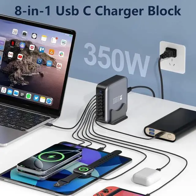 Alt view image 6 of 7 - 350W USB Fast Charging Station 8 Port USB C Multi Port Charger Block with PD 100W Fast Charging Station for Multiple Devices USB Charger Block Compatible iPhone Android Cell Phone Tablet iPad