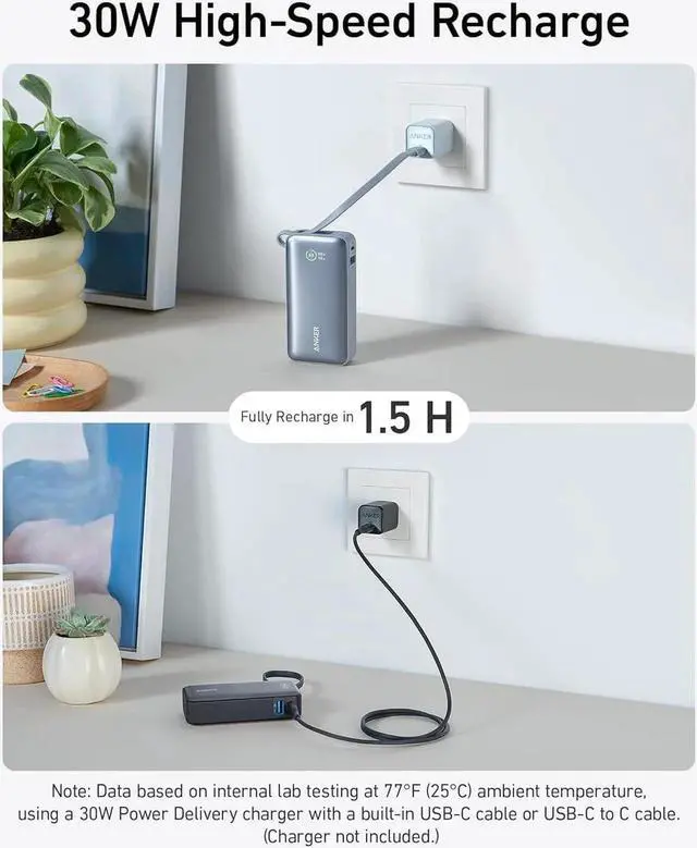 Alt view image 6 of 6 - JAENFONG Nano Power Bank 10 000mAh Portable Charger with Built-in USB-C Cable 30W Recharging 30W Max Output with USB-C&A for iPhone 16/15 Series MacBook Galaxy AirPods and More