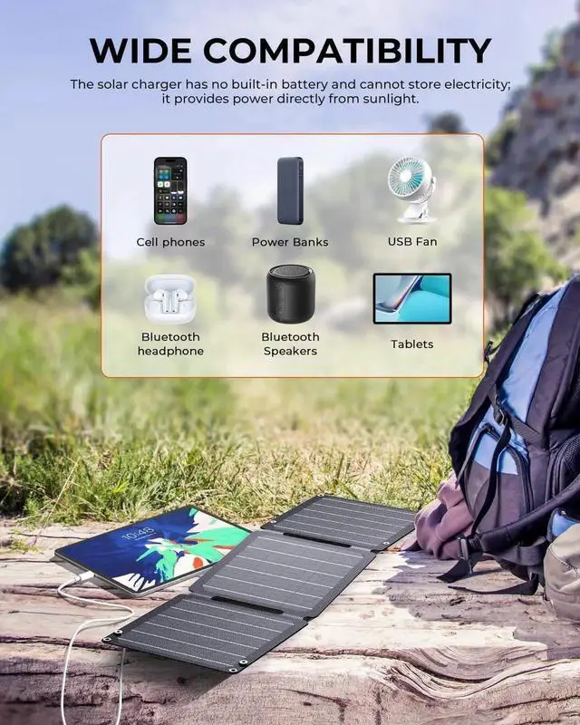 Alt view image 4 of 7 - 21W Solar Panel Charger SolarPowa 20 Portable Solar Charger with USB-A/USB-C Ports IP68 Waterproof High-Efficiency Lightweight Foldable Solar Panels for Phones Tablets Camping Backpacking