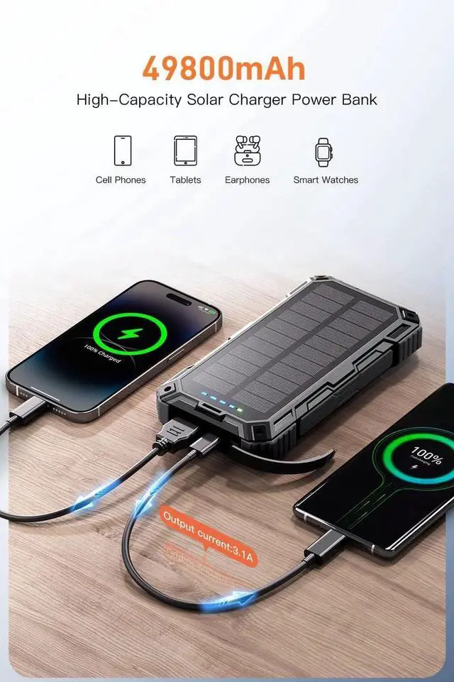Alt view image 5 of 7 - Portable Charger 49800mAh Solar Charger 15W Wireless Charging USB-A 22.5W Fast Charging with 4 Built-in Cable USB-C Port Compatible with Smartphone with LED Flashlight Perfect for Camping Hiking