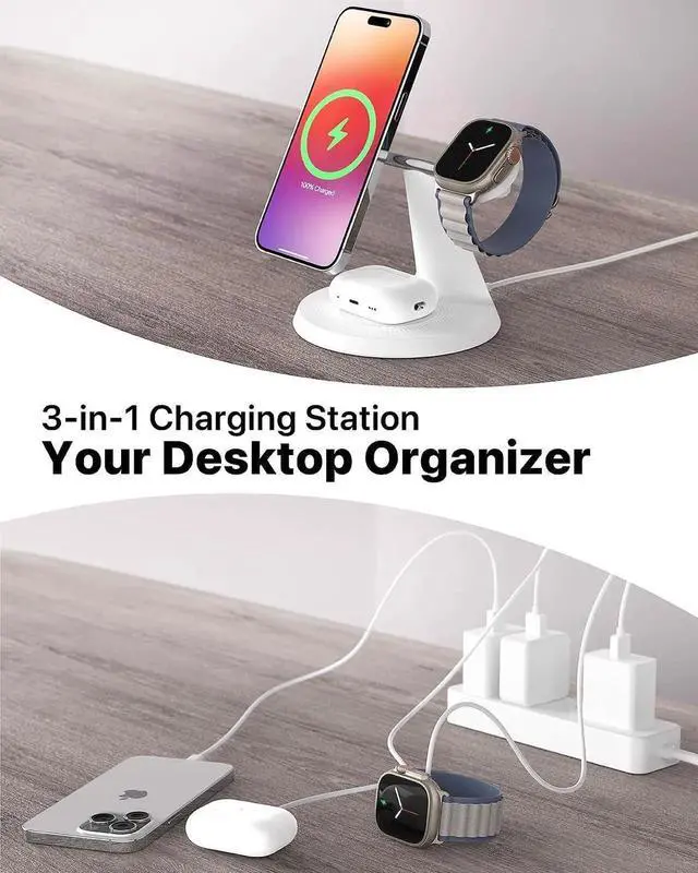 Alt view image 3 of 6 - 3 in 1 Wireless Charging Station for Device: Fast Charging Station for iPhone and Watch with MagSafe Stable Charger Stand for iPhone 12-16 & iWatch & AirPods