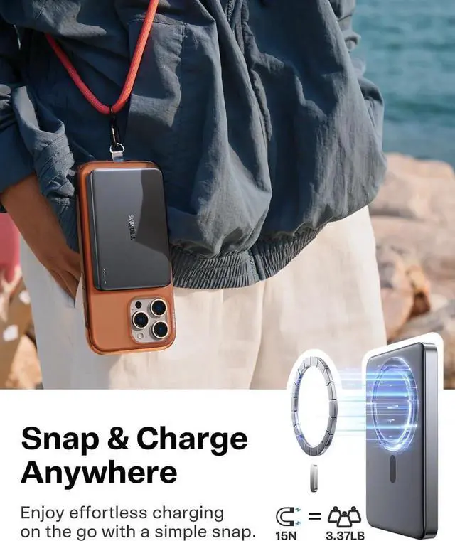 Alt view image 5 of 7 - MiniMag Power Bank Ultra-Slim 10 000mAh Magnetic Wireless Portable Charger 22.5W Fast Charging Battery Pack with USB-C Cable Designed for iPhone 16 Pro Max/16 Pro/16/15/14/13/12 Glacier Gray