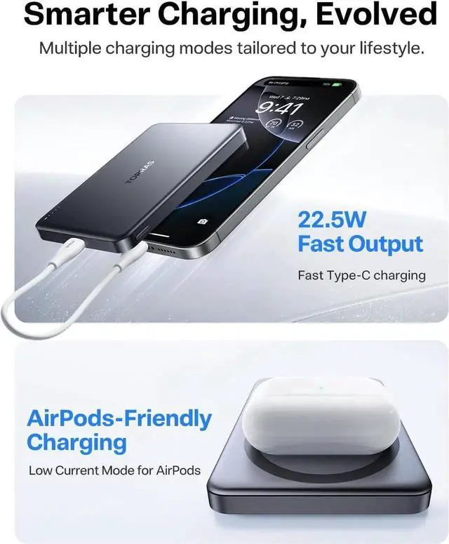 Alt view image 2 of 7 - MiniMag Power Bank Ultra-Slim 10 000mAh Magnetic Wireless Portable Charger 22.5W Fast Charging Battery Pack with USB-C Cable Designed for iPhone 16 Pro Max/16 Pro/16/15/14/13/12 Glacier Gray