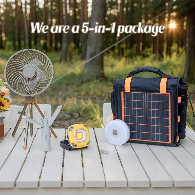 Alt view image 2 of 7 - Solar Panel Charging Bag for Outdoor Camping 10W 5V Charge for Phones and Device Contains 1 Rechargeable Folding Fan and 3 Different Rechargeable Camping Lamps 5 in 1 Camping Essentials Handbag