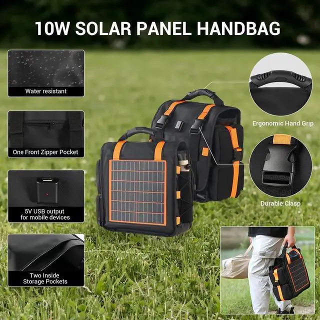 Alt view image 5 of 7 - Solar Panel Charging Bag for Outdoor Camping 10W 5V Charge for Phones and Device Contains 1 Rechargeable Folding Fan and 3 Different Rechargeable Camping Lamps 5 in 1 Camping Essentials Handbag